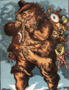 Dicker Weihnachtsmann in einem ungewöhnlichen Outfit mit braunem Ganzkörper-Pelzanzug und langer Pfeife (Zeichnung, 19. Jahrhundert)